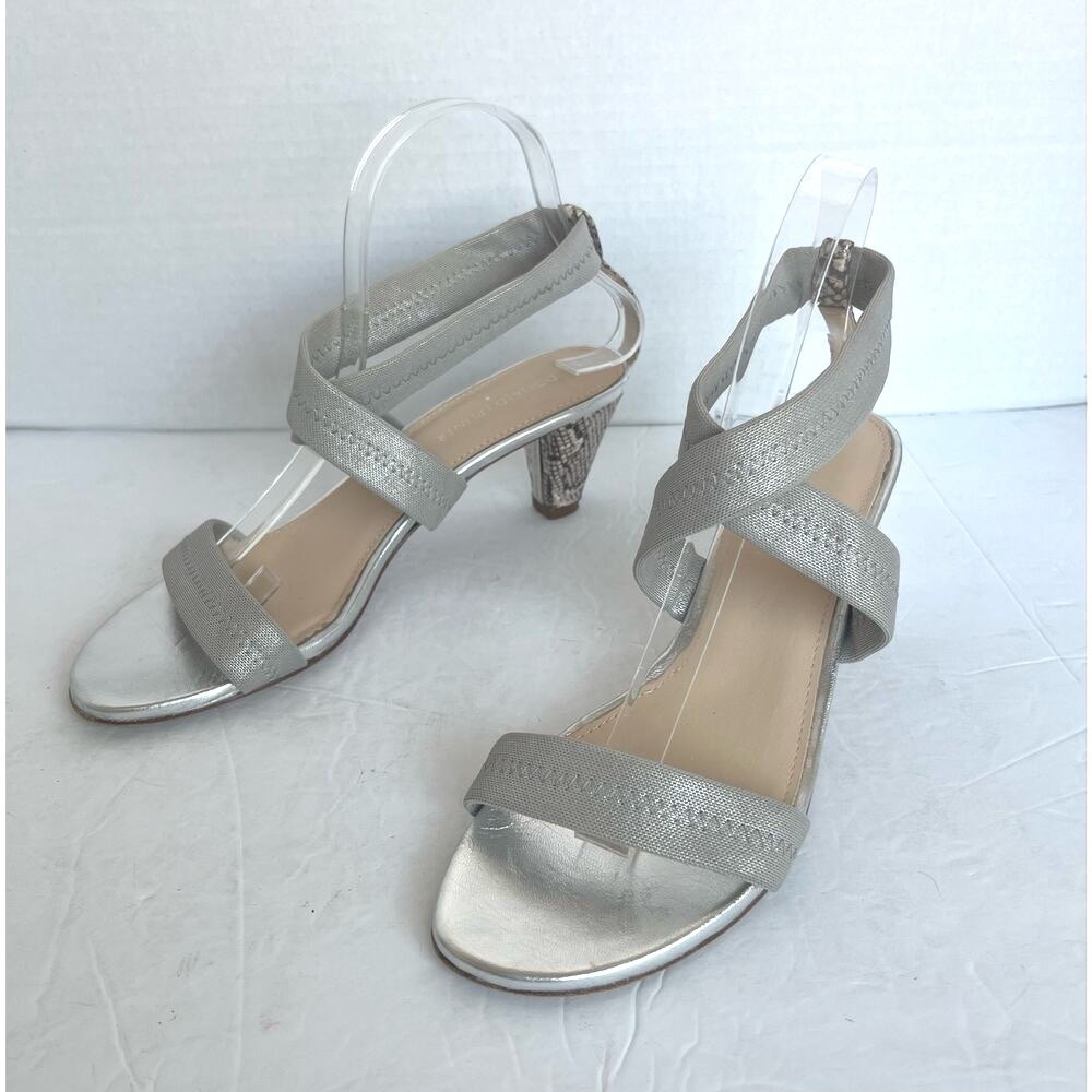 Donald J. Pliner Vona Metallic Silver Criss Cross Strappy Low Heel Sandals Sz 8